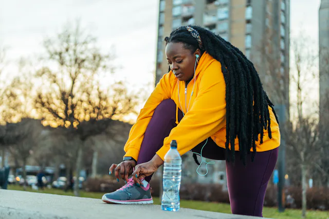 Person in a yellow hoodie and purple leggings tying a sneaker on an urban pathway at sunset, with ea...