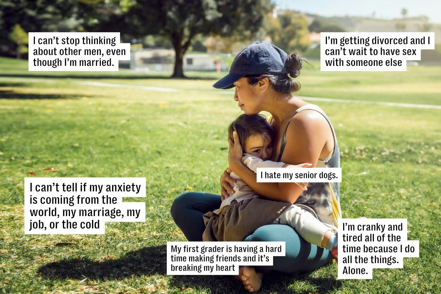 A woman sits on the grass holding a child, with text bubbles expressing personal thoughts and feelin...