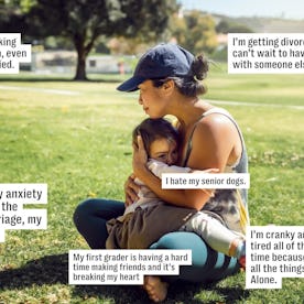 A woman sits on the grass holding a child, with text bubbles expressing personal thoughts and feelin...