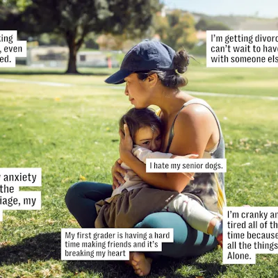 A woman sits on the grass holding a child, with text bubbles expressing personal thoughts and feelings about relationships, anxiety, and fatigue.