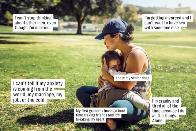 A woman sits on the grass holding a child, with text bubbles expressing personal thoughts and feelin...