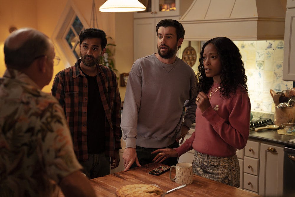Pictured: (l-r) Kapil Talwakar as Naveen, Jack Whitehall as Rob, Keke Palmer as Samira.