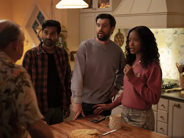 Pictured: (l-r) Kapil Talwakar as Naveen, Jack Whitehall as Rob, Keke Palmer as Samira.