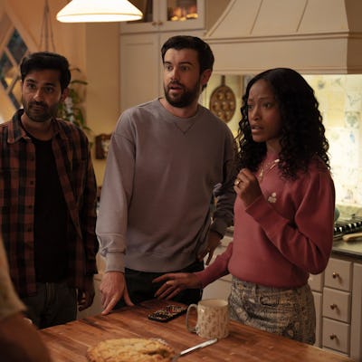 Pictured: (l-r) Kapil Talwakar as Naveen, Jack Whitehall as Rob, Keke Palmer as Samira.