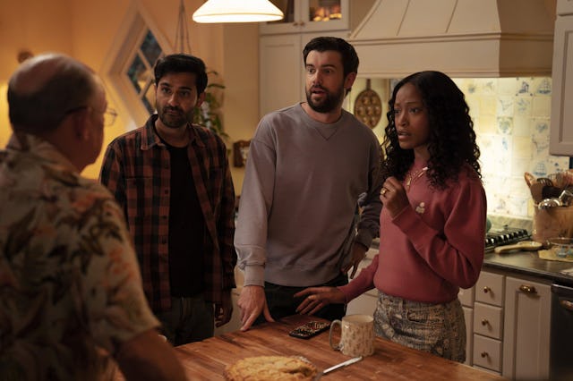 Pictured: (l-r) Kapil Talwakar as Naveen, Jack Whitehall as Rob, Keke Palmer as Samira.