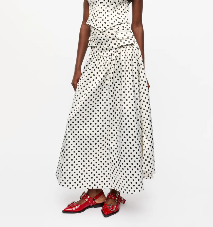 Egret Polka-Dot Double Satin Long Pocket Skirt 