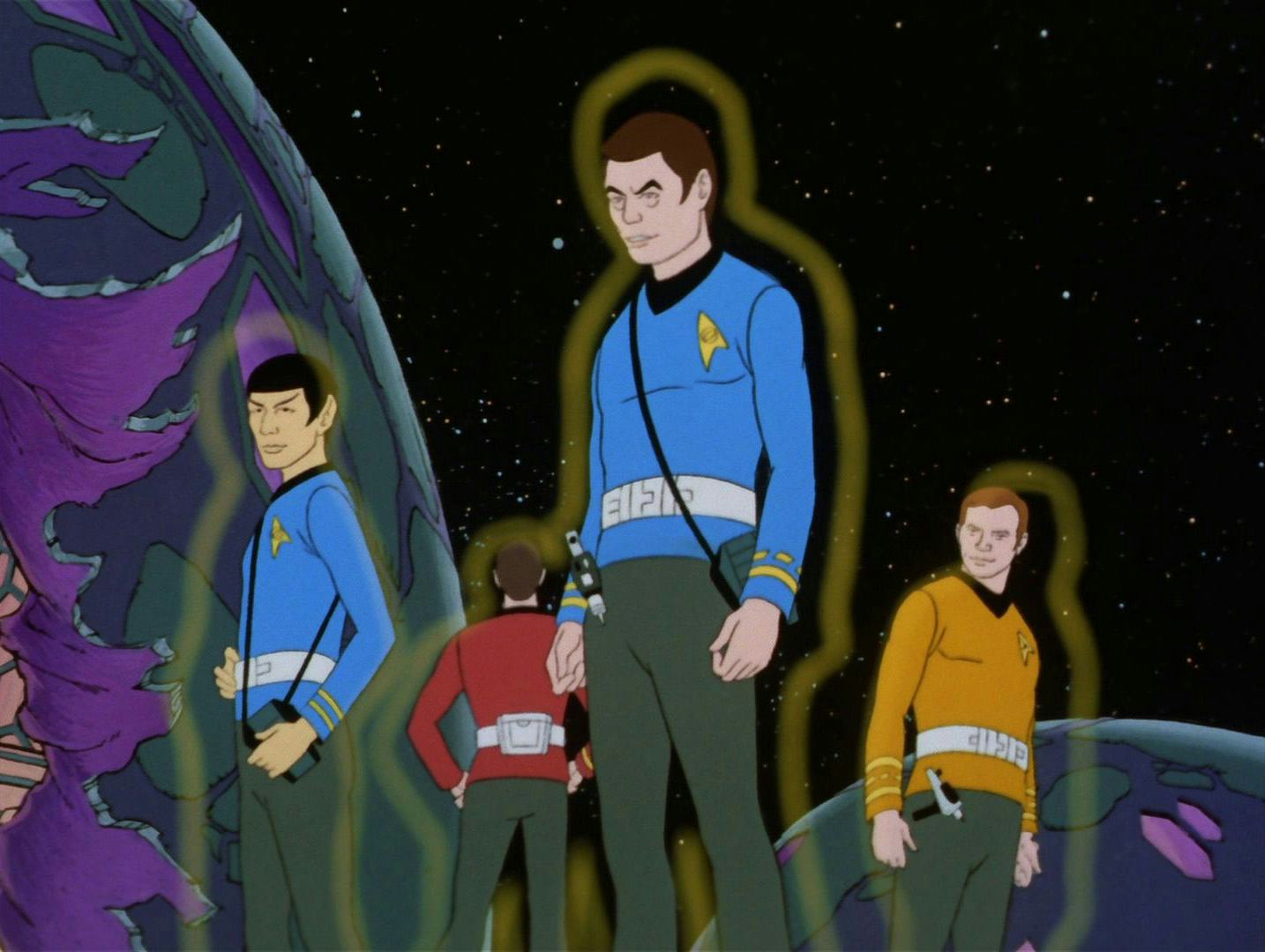 The Enterprise crew using life support belts in 'Star Trek: The Animated Series.'