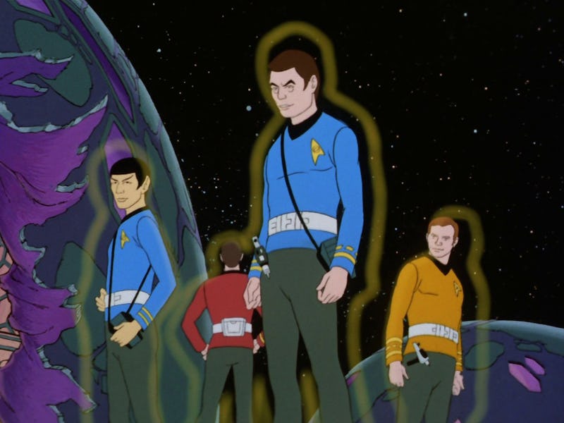 The Enterprise crew using life support belts in 'Star Trek: The Animated Series.'