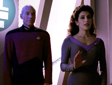 Picard (Patrick Stewart) and Troi (Marina Sirtis) in 'Star Trek: The Next Generation' Season 4, "Fir...