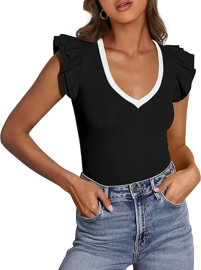 PRETTYGARDEN Ruffle Sleeve V-Neck Top