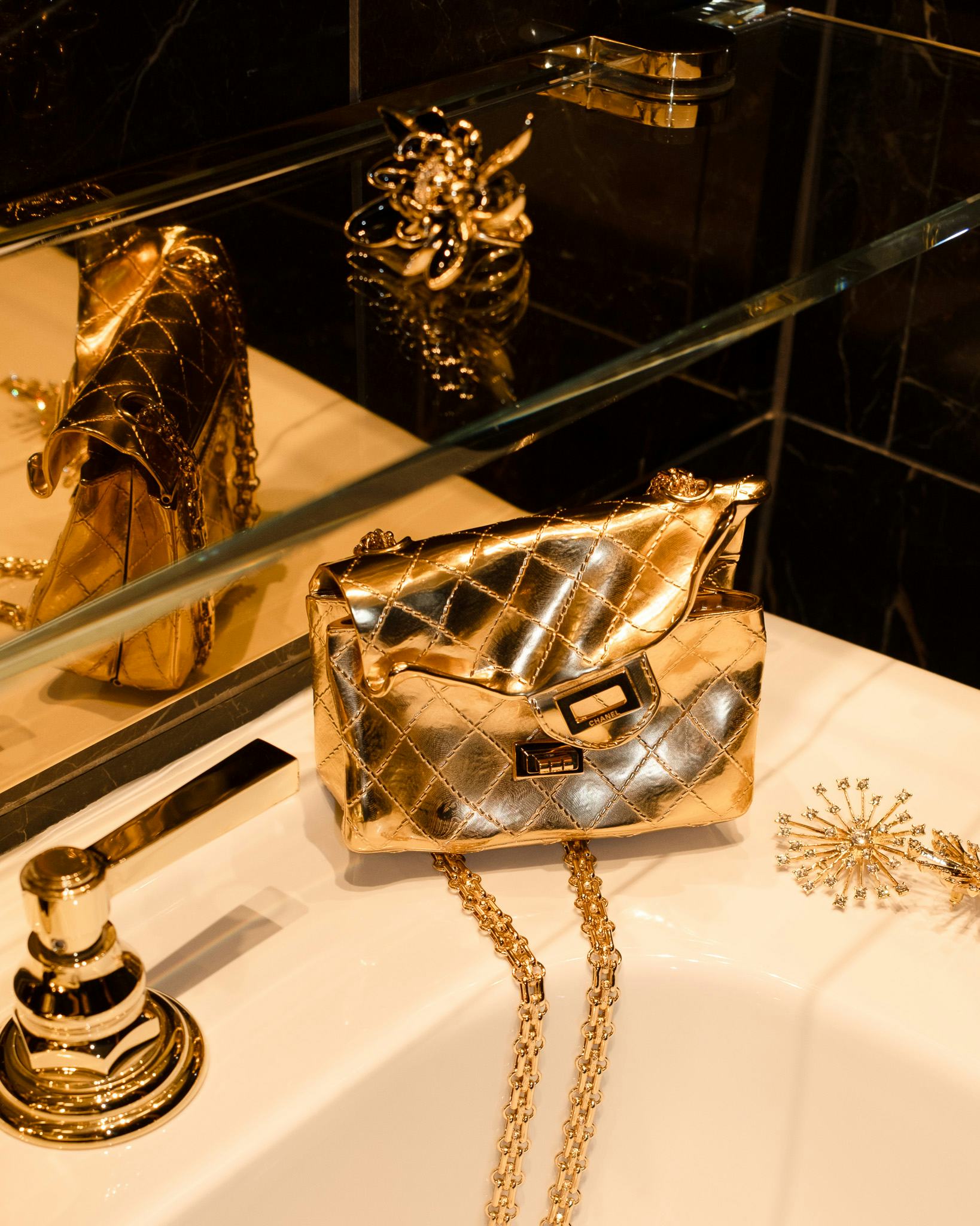 Chanel's reissued 2.55 bag, crushed and gilded.