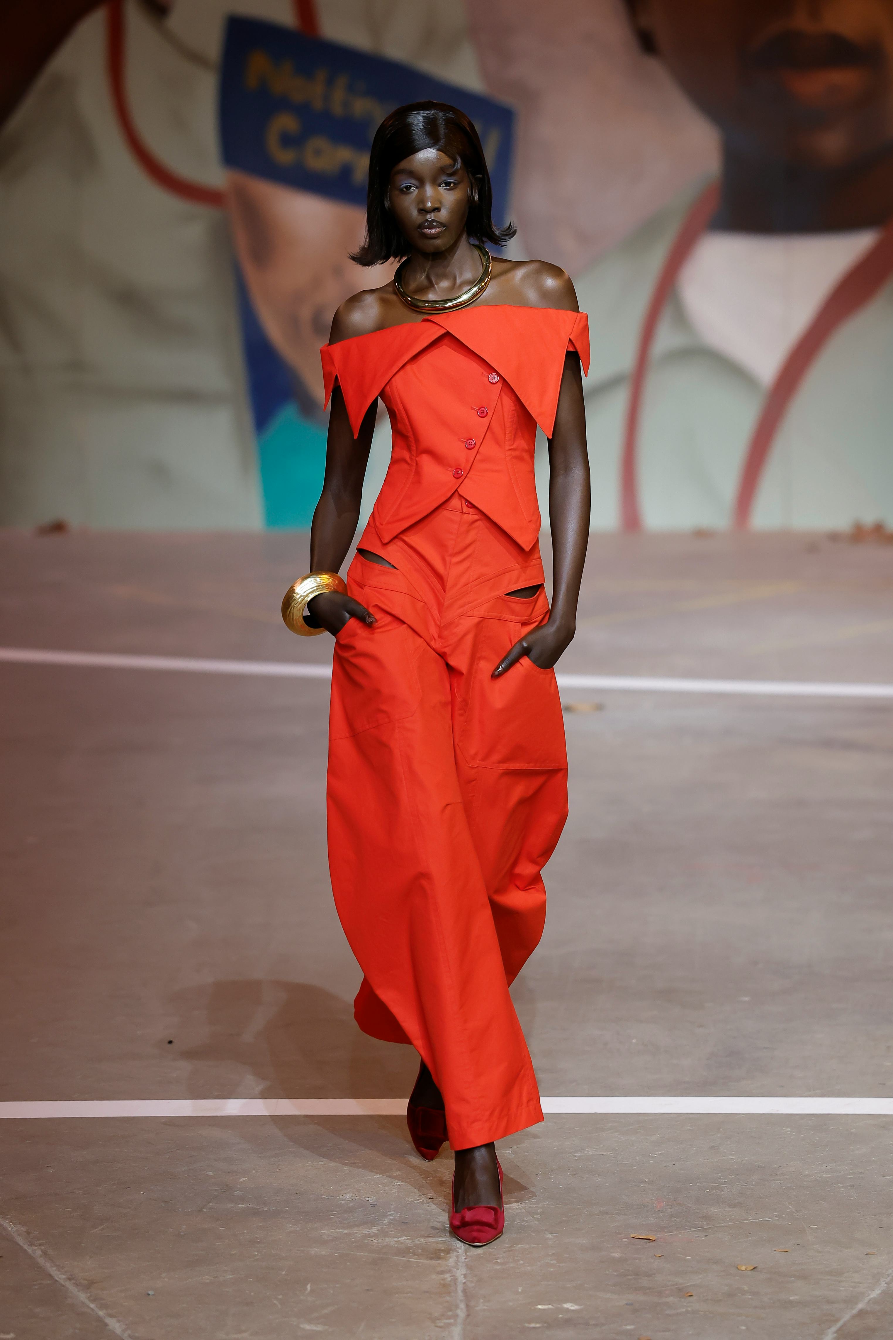 A model walks the runway at the NEWGEN Tolu Coker show during London Fashion Week February 2026 at B...