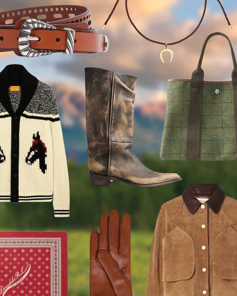 A collage of Western-themed fashion items including a leather belt, necklace, cowboy boots, cardigan...