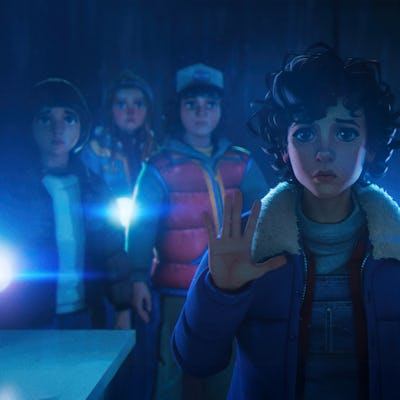 Stranger Things: Tales From '85. (L to R) Benjamin Plessala as Will, Jolie Hoang-Rappaport as Max, Braxton Quinney as Dustin, Brooklyn Davey Norstedt as Eleven, Luca Diaz as Mike and Elisha Williams as Lucas in Stranger Things: Tales From '85.