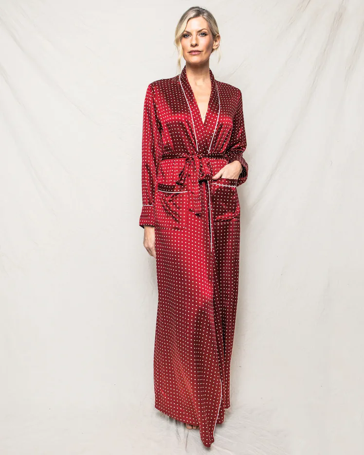 Women's Silk Long Robe in Bordeaux Polka Dot