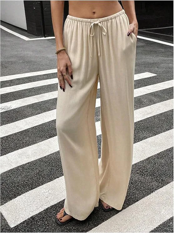 SHENHE Linen Low-Rise Drawstring Wide-Leg Pants