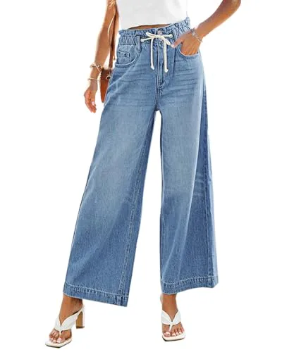 GRAPENT Wide Leg Drawstring Jeans 