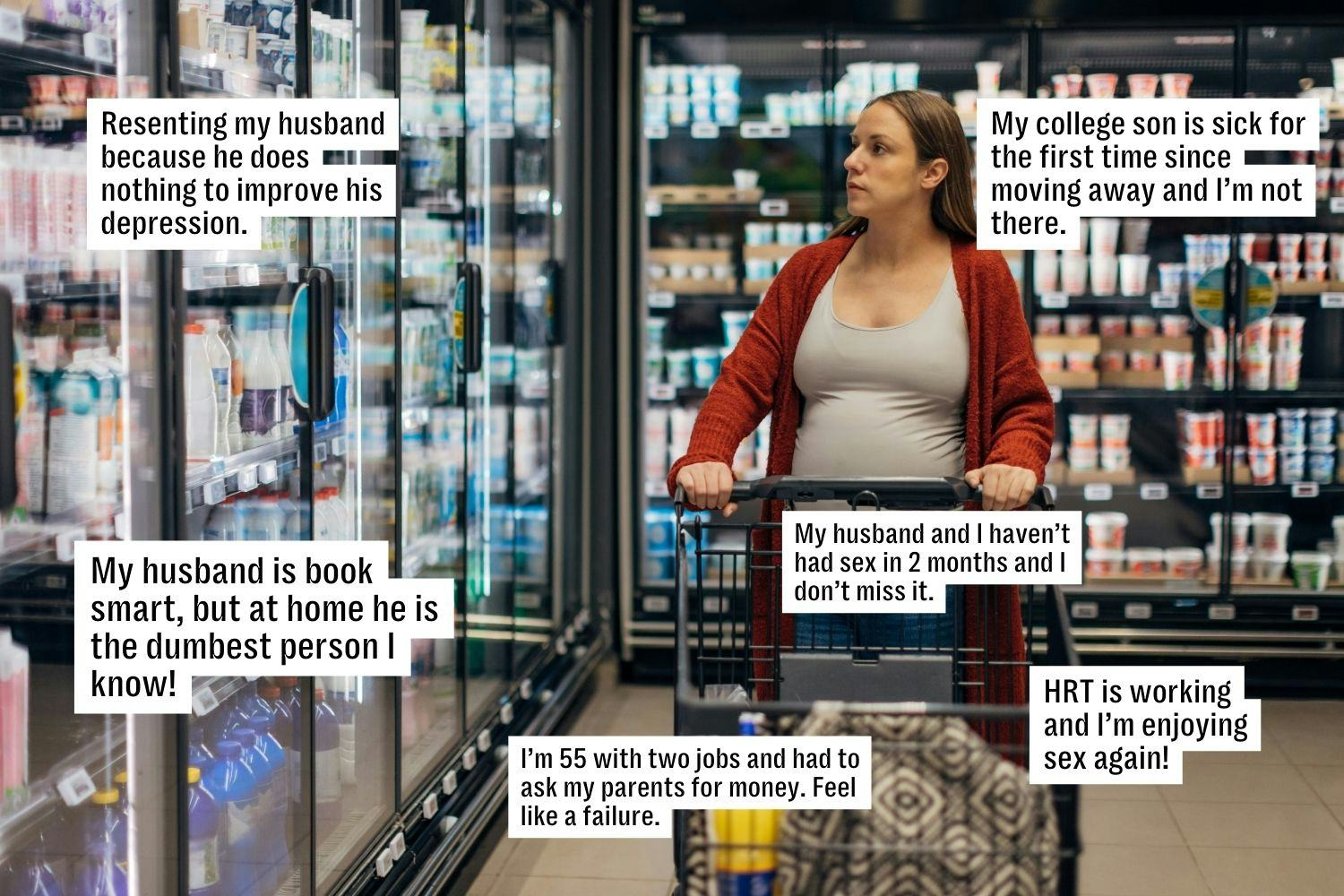 A woman pushes a shopping cart in a grocery store aisle, surrounded by shelves of refrigerated produ...