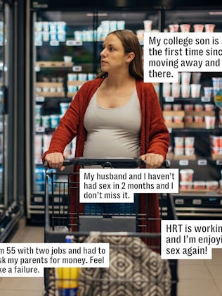 A woman pushes a shopping cart in a grocery store aisle, surrounded by shelves of refrigerated produ...