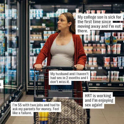 A woman pushes a shopping cart in a grocery store aisle, surrounded by shelves of refrigerated products. Text bubbles express personal thoughts.
