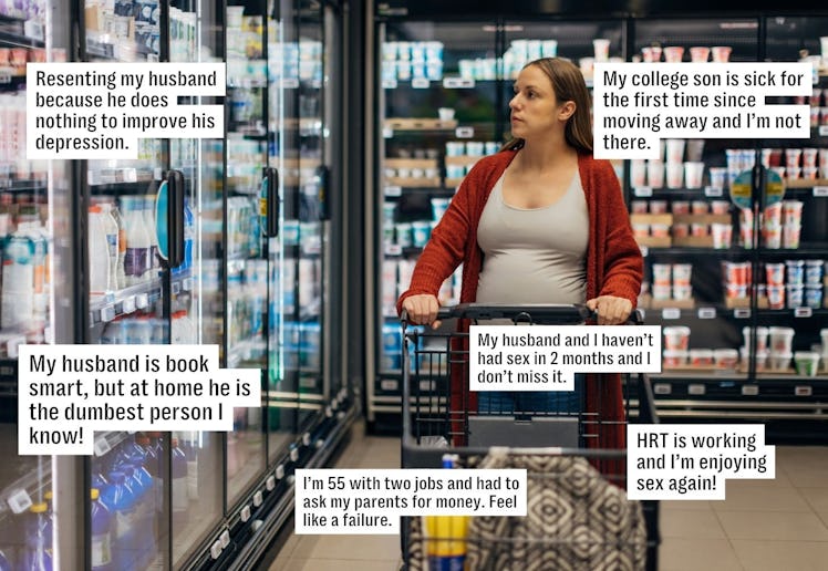 A woman pushes a shopping cart in a grocery store aisle, surrounded by shelves of refrigerated produ...