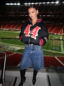 Kristin Juszczyk wearing upcycled denim shorts.