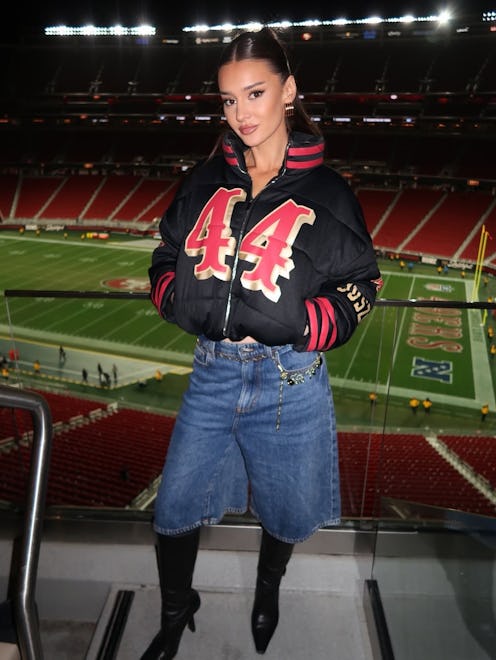 Kristin Juszczyk wearing upcycled denim shorts.
