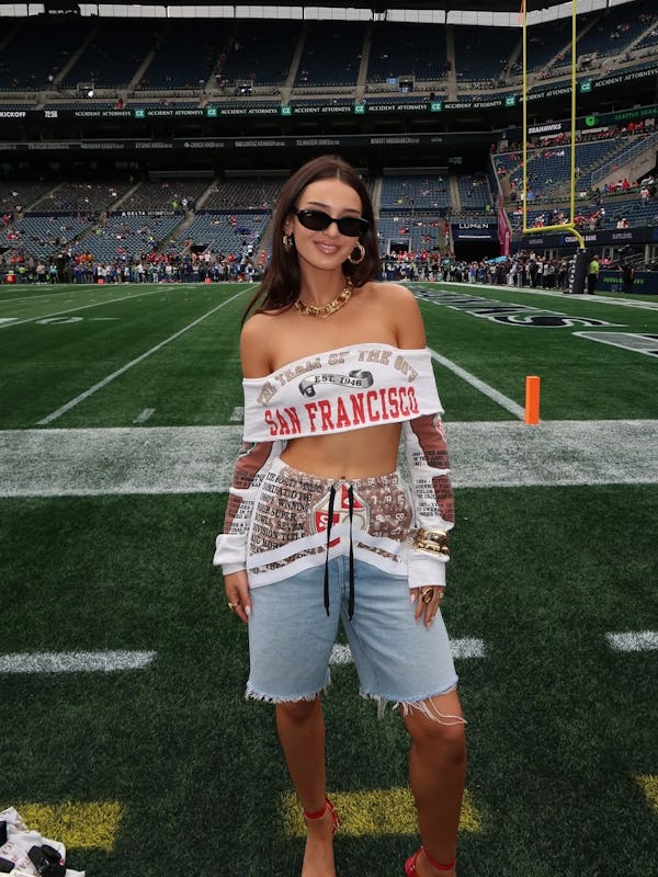 Kristin Juszczyk wearing upcycled jeans.