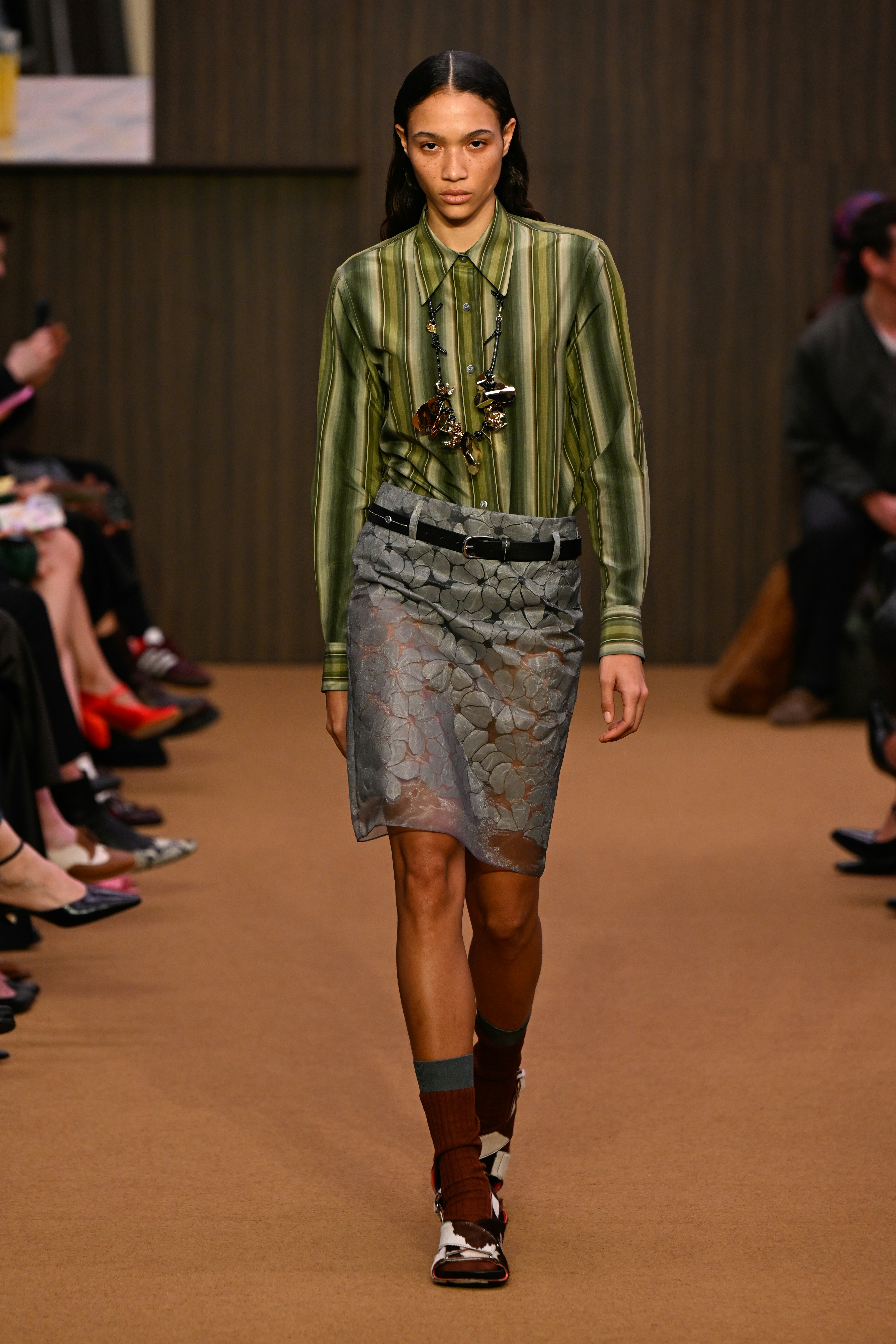 Model on the runway at the Marni fashion show as part of Milan Fashion Week Fall 2026 on February 26...