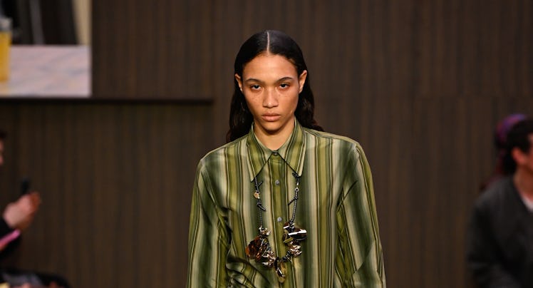 Model on the runway at the Marni fashion show as part of Milan Fashion Week Fall 2026 on February 26...