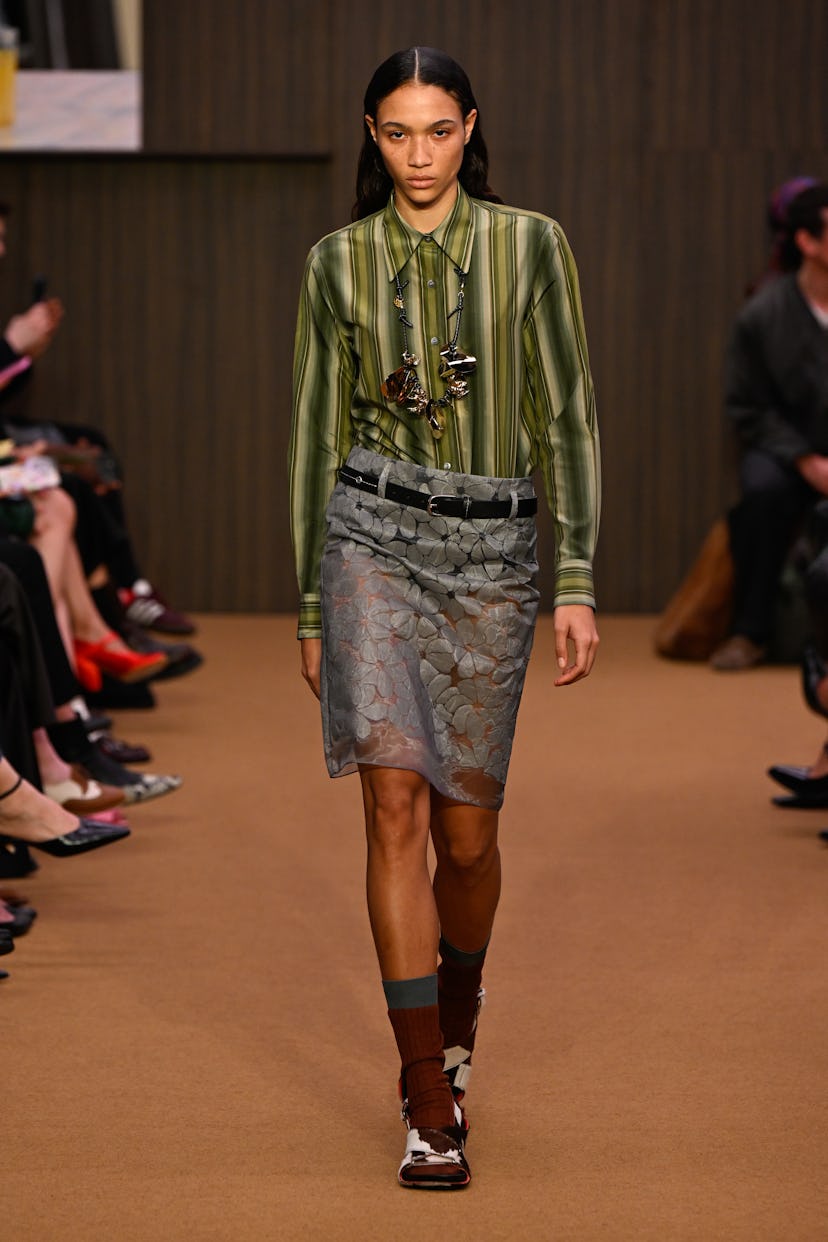 Model on the runway at the Marni fashion show as part of Milan Fashion Week Fall 2026 on February 26...