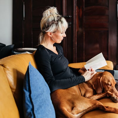 woman reading book with dog