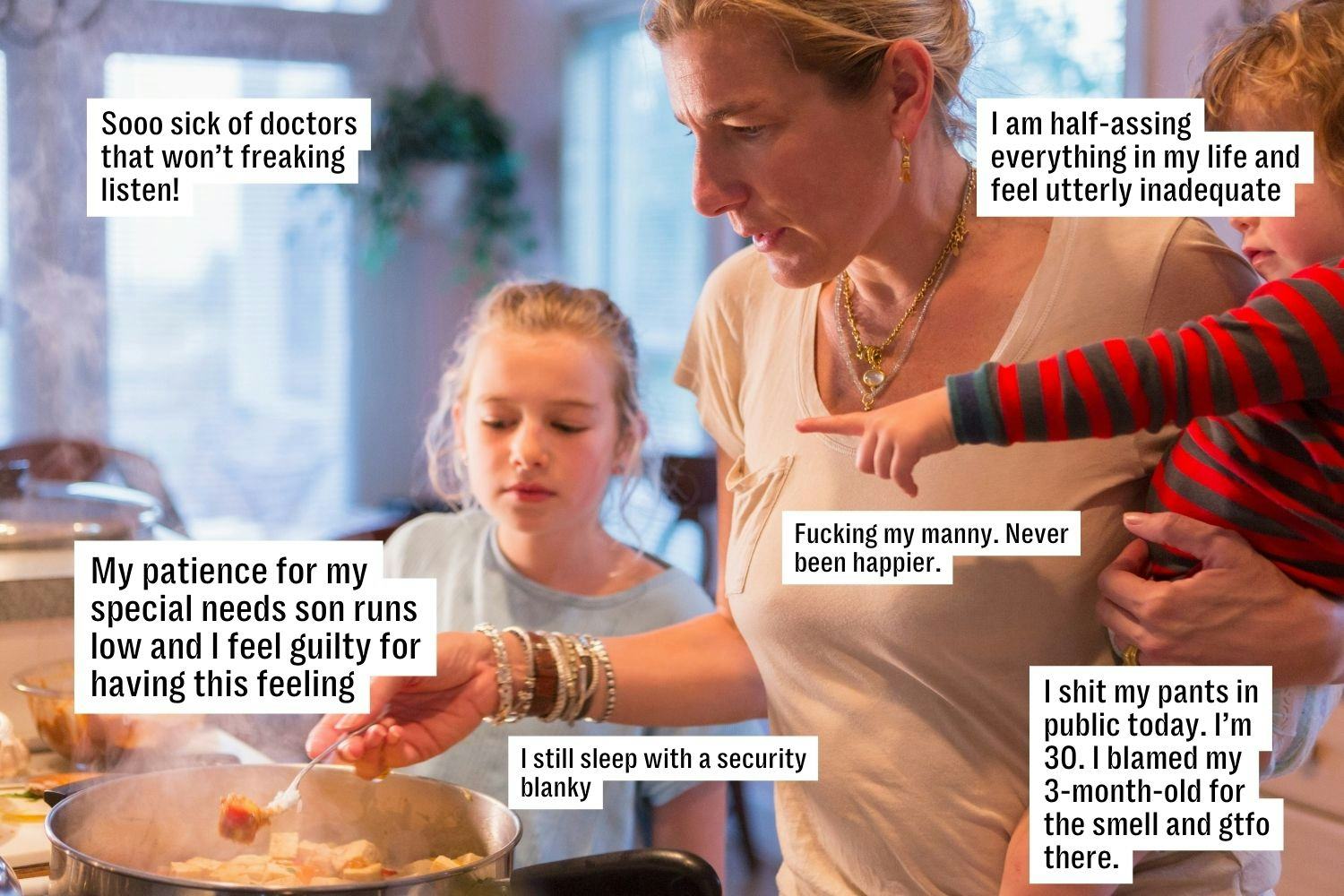 A woman cooks with two children nearby while texts with personal confessions and feelings are overla...