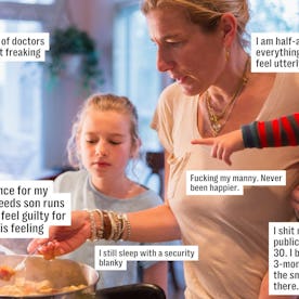 A woman cooks with two children nearby while texts with personal confessions and feelings are overla...