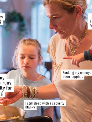 A woman cooks with two children nearby while texts with personal confessions and feelings are overla...