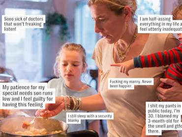 A woman cooks with two children nearby while texts with personal confessions and feelings are overla...