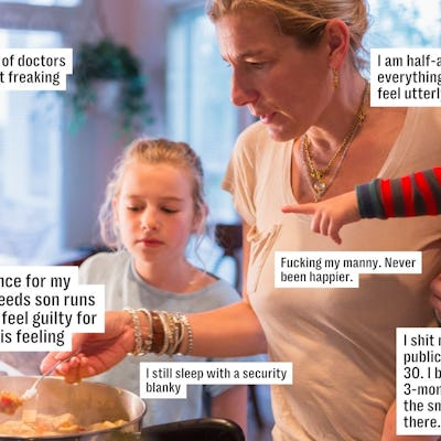 A woman cooks with two children nearby while texts with personal confessions and feelings are overlaid. The setting is a home kitchen.