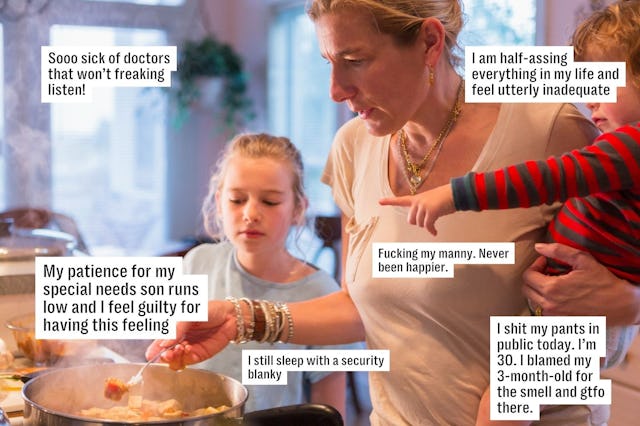 A woman cooks with two children nearby while texts with personal confessions and feelings are overla...