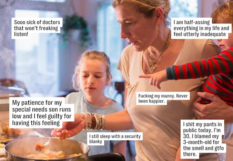 A woman cooks with two children nearby while texts with personal confessions and feelings are overla...