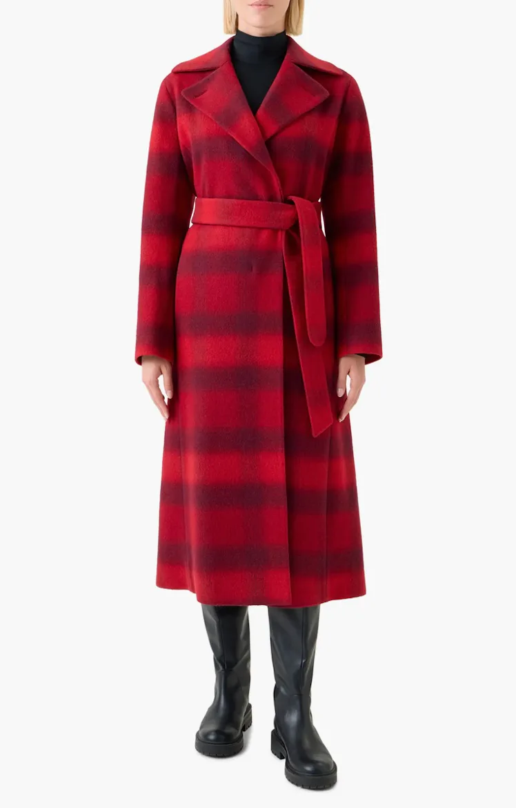 Blurred Check Belted Wool Blend Long Coat