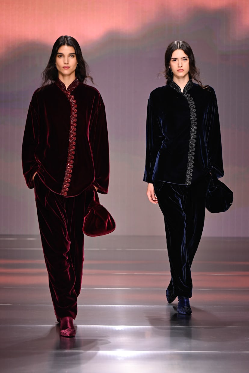 Model on the runway at the Giorgio Armani fashion show as part of Milan Fashion Week Fall 2026 on Ma...