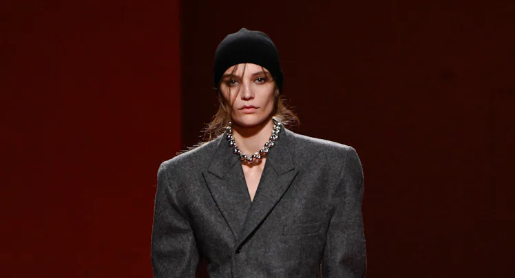 Model on the runway at the Bottega Veneta fashion show as part of Milan Fashion Week Fall 2026 on Fe...