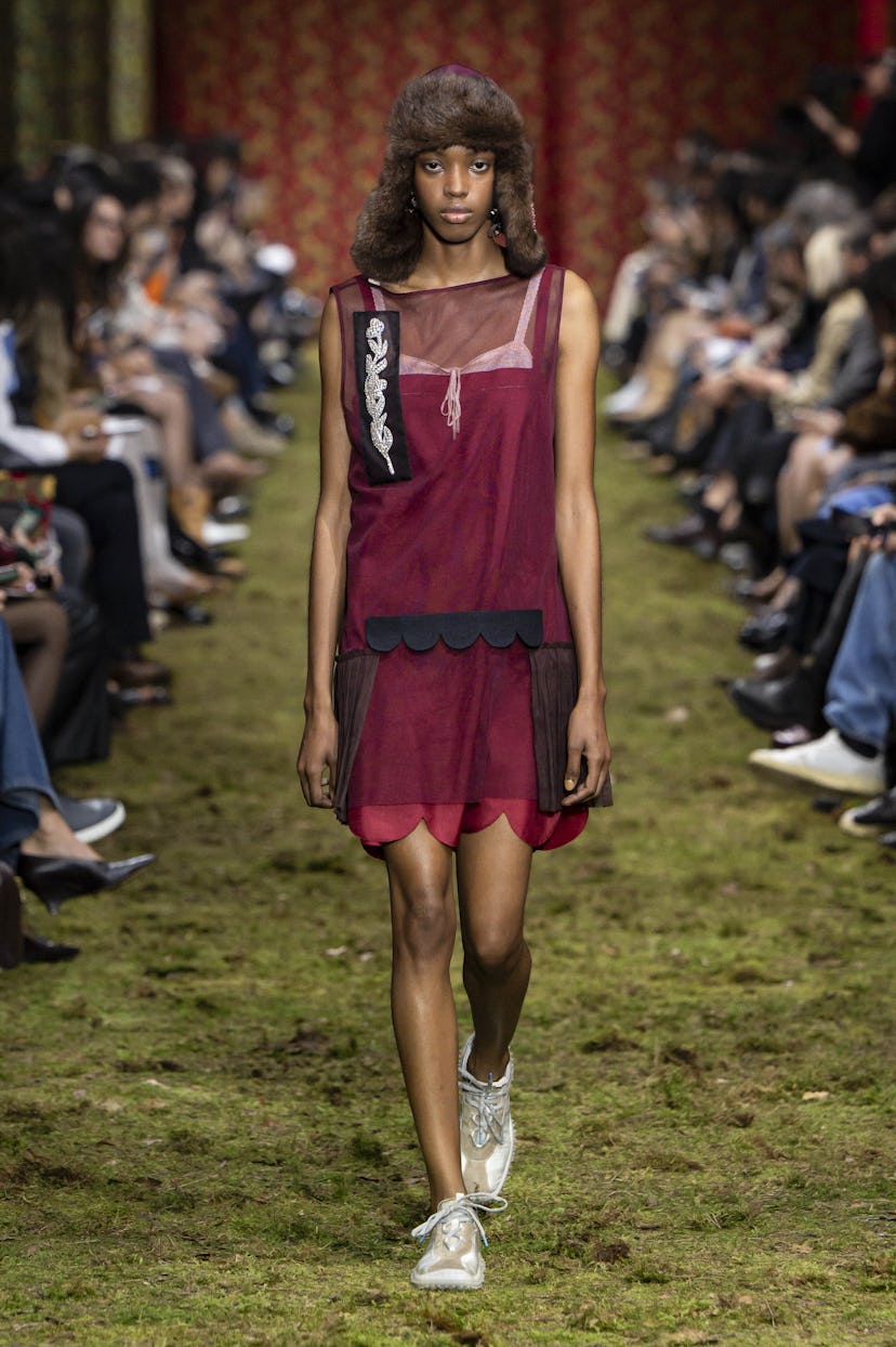 A model walks the runway during the Miu Miu Ready to Wear Fall/Winter 2026-2027 fashion show as part...