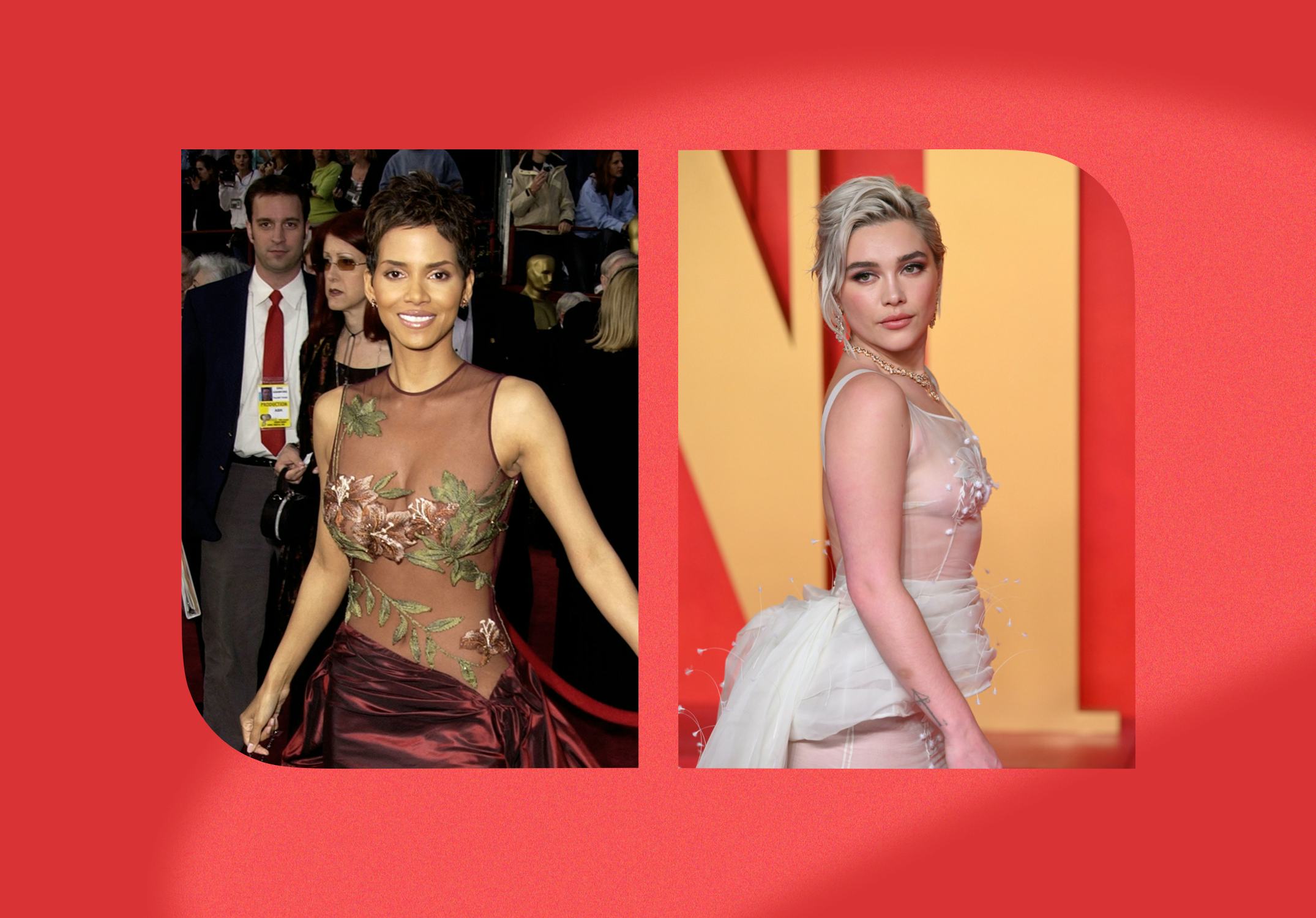 Halle Berry and Florence Pugh in "naked dresses" at the Oscars.