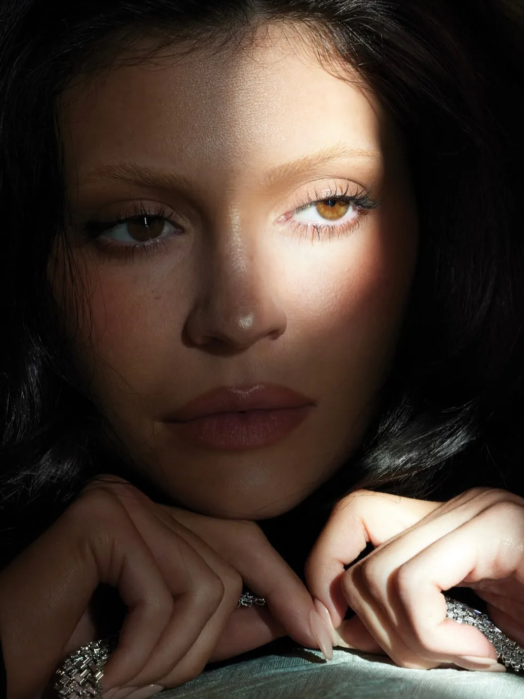 Kylie Jenner in close up with bleach blonde brows