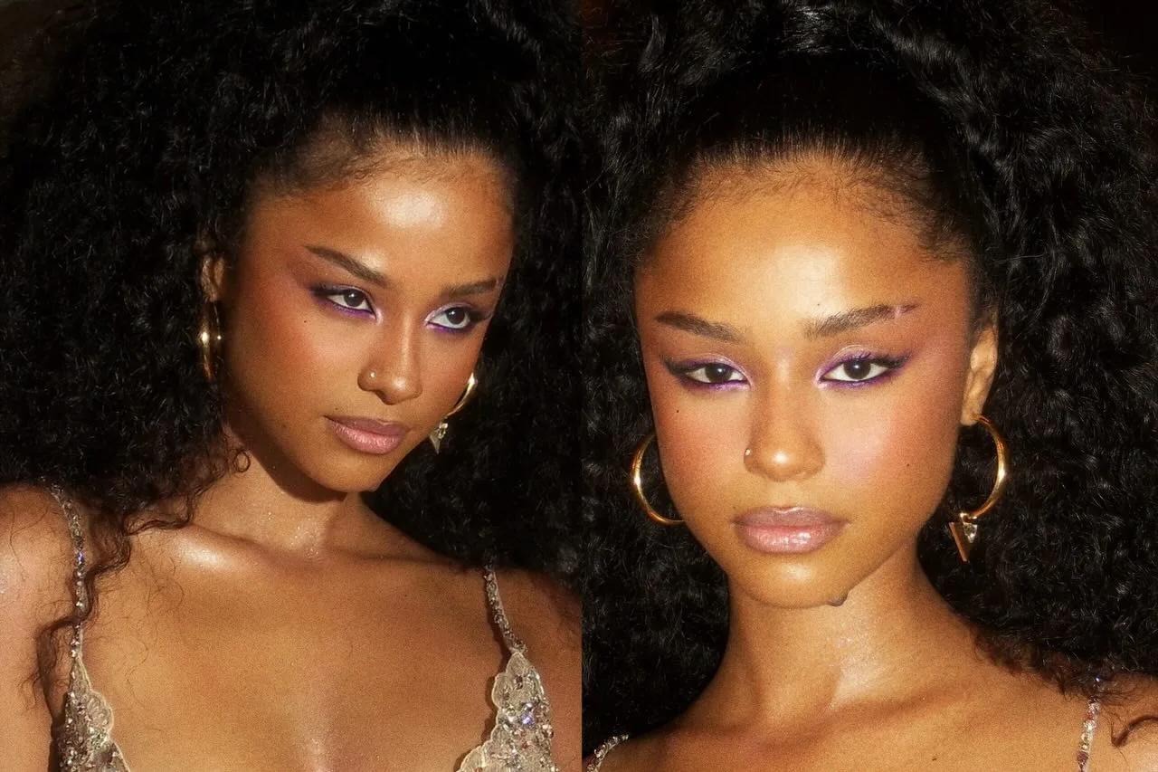 Tyla with her purple smoky eye makeup