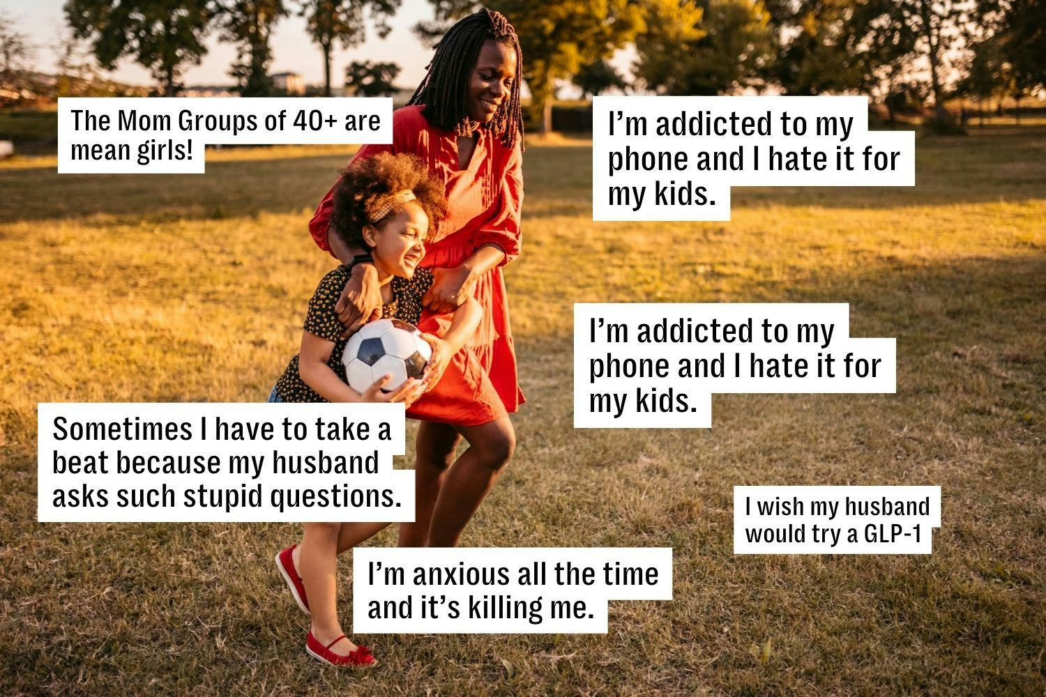 Two people playing in a grassy field, one holding a soccer ball. Speech bubbles express personal con...