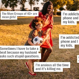 Two people playing in a grassy field, one holding a soccer ball. Speech bubbles express personal con...