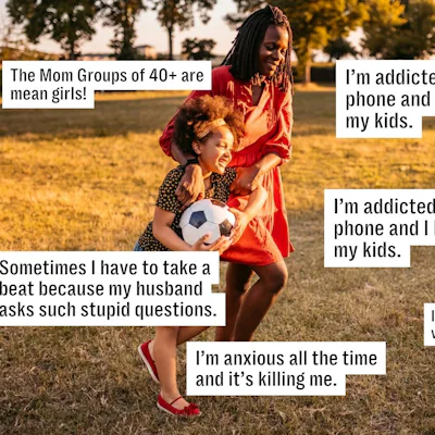 Two people playing in a grassy field, one holding a soccer ball. Speech bubbles express personal concerns and feelings about family and technology.