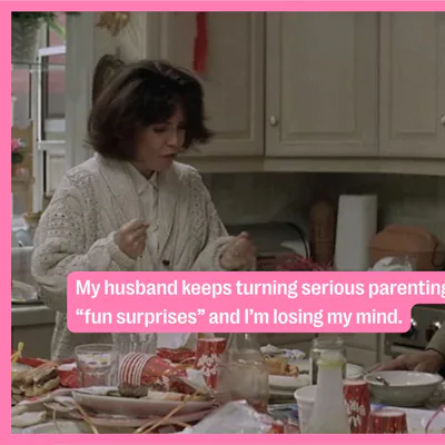 A screenshot of Miranda Hillard and Daniel Hillard in 'Mrs. Doubtfire,' arguing over the surprise party Daniel threw against his wife's wishes. The text reads, "My husband keeps turning serious parenting decisions into 'fun surprises' and I'm losing my mind.